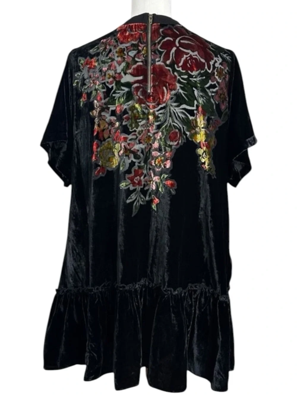 Free People Bohemian Sweet Echoes Black Floral Velvet Devore Tunic Dress Small